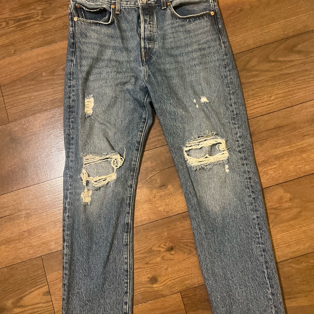 Levi's Blue Straight Leg Jeans with Distressed Details